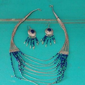 Elegant Silver and Blue Beaded Necklace and Earring Set